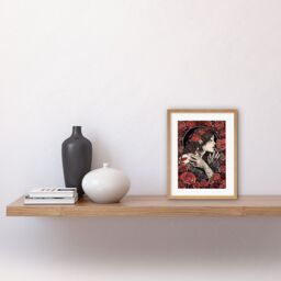 "Artery8 Wall Art Print Kiss from a Rose Red & Black Floral Artwork Framed 9X7 Inch in Beige - Size: W7"" x H9""" - thumbnail 2