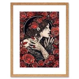 "Artery8 Wall Art Print Kiss from a Rose Red & Black Floral Artwork Framed 9X7 Inch in Beige - Size: W7"" x H9""" - thumbnail 1