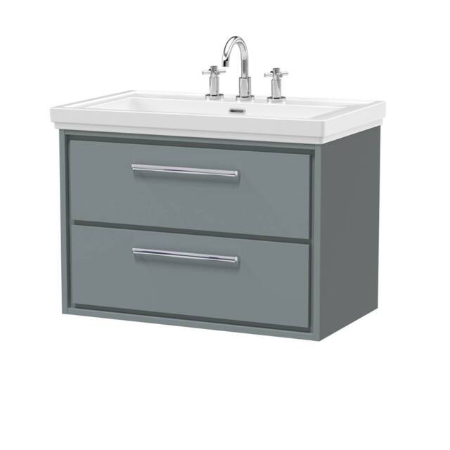 Balterley Bathroom Wall Hung 2-Drawer Vanity Unit, Fireclay Basin, Grey, 800mm in Grey - image 1