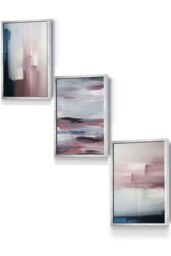 ARTZE Abstract Navy Blue Grey Blush Pink Oil Framed Wall Art - Small in Metallic Silver - Size: W33 cm x H45 cm x D20mm