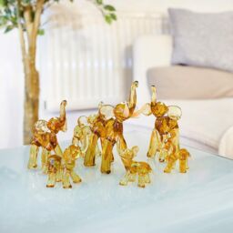 Novecrafto Set Of 7 Elephant Family Figurines with Trunk Facing Upwards - Elephants Figurine Handmade From Amber Color Glass - thumbnail 4