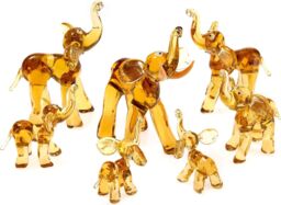 Novecrafto Set Of 7 Elephant Family Figurines with Trunk Facing Upwards - Elephants Figurine Handmade From Amber Color Glass - thumbnail 1