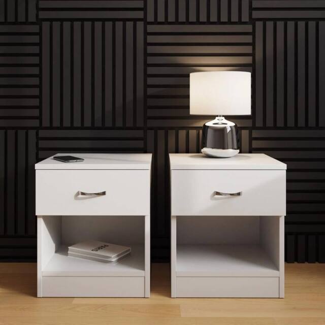 FORGEVIO Matt White Set of 2 Bedside Tables Deep Drawer Chrome Metal - image 1