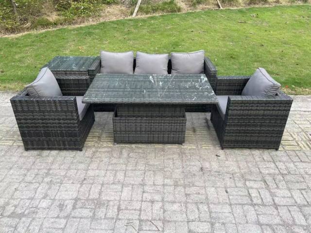 Fimous Outdoor Rattan Garden Furniture Sofa Set Patio Adjustable Rising Lifting Dining Table Set with Side Table in Dark Grey - image 1