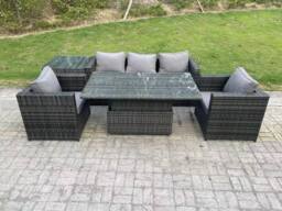 Fimous Outdoor Rattan Garden Furniture Sofa Set Patio Adjustable Rising Lifting Dining Table Set with Side Table in Dark Grey - thumbnail 2