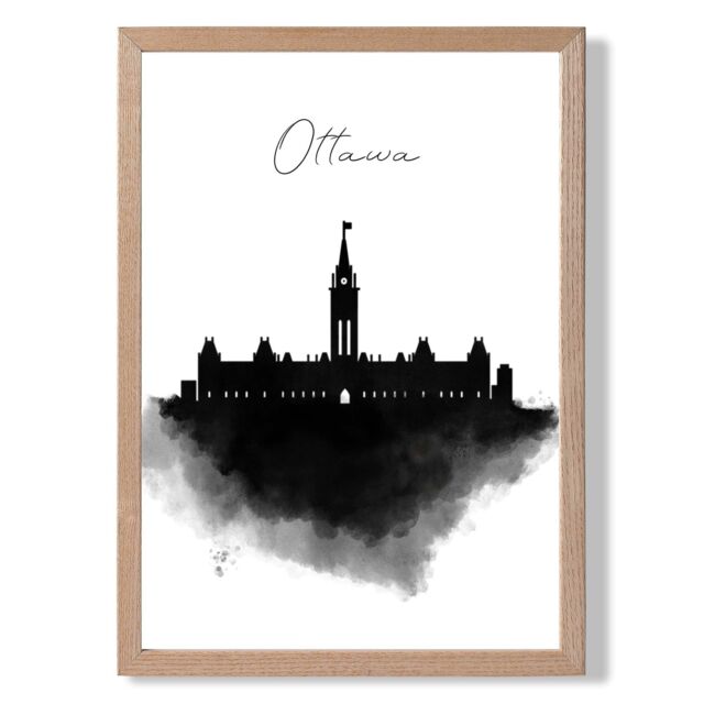 ARTZE Ottawa Watercolour Skyline City Framed Print SIZE: A4 with Oak Frame in Black - image 1