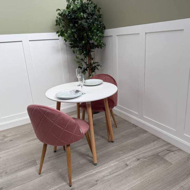 Life Interiors Lucia Dining Set Round White Table + 2 Velvet Dining Chairs in Pink - image 1