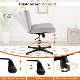 Gymax Armless Velvet Swivel Vanity Chair Wide Desk Chair With Tilt-rocking in Grey - thumbnail 7