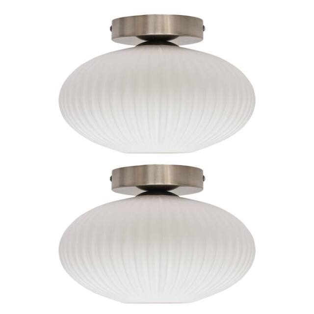 First Choice Lighting Set of 2 Baton - White Ribbed Oval Glass Satin Nickel Ceiling Lights