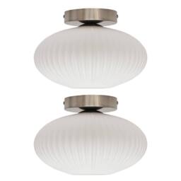 First Choice Lighting Set of 2 Baton - White Ribbed Oval Glass Satin Nickel Ceiling Lights