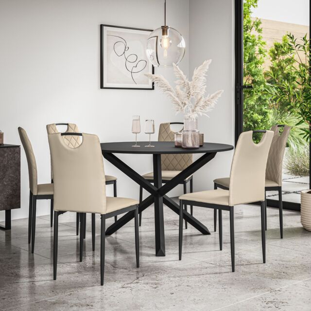More4Homes Malvern Round Dining Table & Chairs - Black Table Top w Solid Oak Black Legs + Monza Faux Leather Dining Chair Set Of 6 in Beige