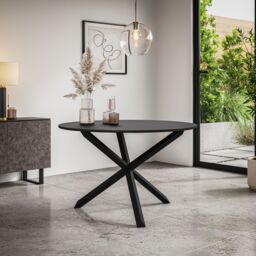 More4Homes Malvern Round Dining Table & Chairs - Black Table Top w Solid Oak Black Legs + Monza Faux Leather Dining Chair Set Of 6 in Beige - thumbnail 2