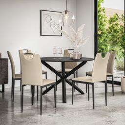 More4Homes Malvern Round Dining Table & Chairs - Black Table Top w Solid Oak Black Legs + Monza Faux Leather Dining Chair Set Of 6 in Beige