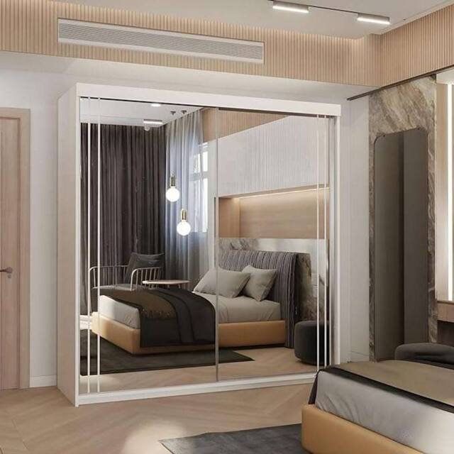 MN Furniture Sudan Sliding Mirror Wardrobe-LED Light W150cm x H217cm in White - image 1