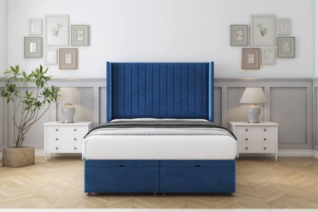 "Comfort Beds Chester Plush Ottoman Bed Base-54"" Wingback Headboard in Navy - Size: Small Double" - image 1