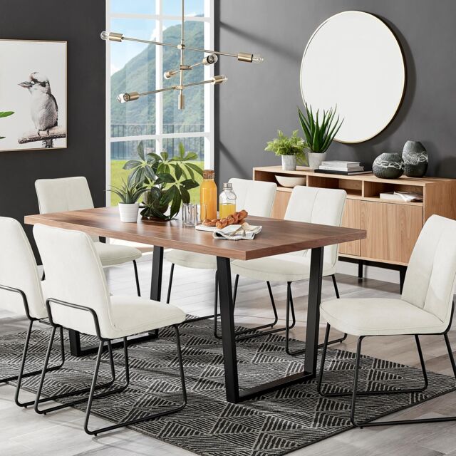 FurnitureboxUK Kylo Large Brown Wood Effect Dining Table & 6 Cream Halleyy Fabric Chairs