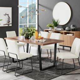 FurnitureboxUK Kylo Large Brown Wood Effect Dining Table & 6 Cream Halleyy Fabric Chairs - thumbnail 1