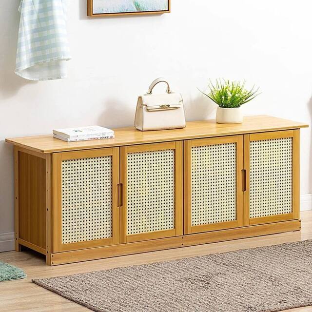 EONLION Shoe Bench Cabinet with Rattan Doors, Wooden Storage Seat in Light Oak - Size: 100 cm - image 1