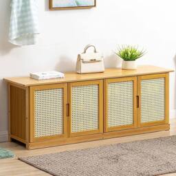 EONLION Shoe Bench Cabinet with Rattan Doors, Wooden Storage Seat in Light Oak - Size: 100 cm - thumbnail 1