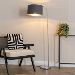 ValueLights Curva Chrome Arched Floor Lamp with Metallic Chrome Inner Drum Lamp Shade in Charcoal