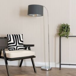 ValueLights Curva Chrome Arched Floor Lamp with Metallic Chrome Inner Drum Lamp Shade in Charcoal - thumbnail 3