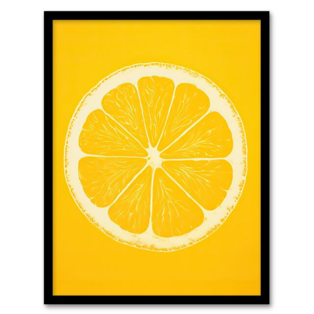 "Artery8 Lemon On Citron On Yellow Monotone Minimalist Kitchen Interior Decor Art Print Framed Poster Wall Decor in Black - Size: W12"" x H16""" - image 1