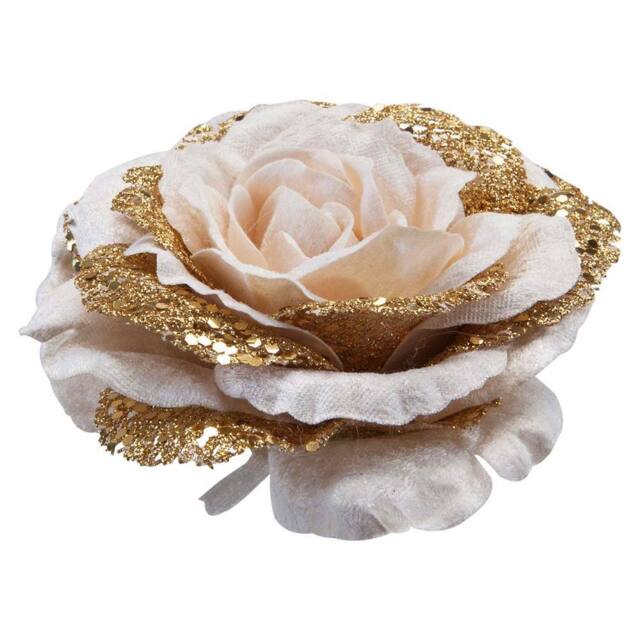 VFM e-Store Christmas Rose Head with Clip Decoration 8cm x 15cm Rose Gold X 1 - Size: 8 cm x 15 cm - image 1