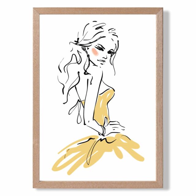 ARTZE Fashion Woman Pen & Ink Sketch Framed Print SIZE: A4 with Oak Frame in Yellow - image 1