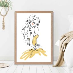 ARTZE Fashion Woman Pen & Ink Sketch Framed Print SIZE: A4 with Oak Frame in Yellow - thumbnail 2