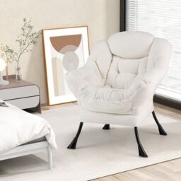 Gymax Large Lazy Chair Sherpa Upholstered Accent Chair With Head Pillow in Beige - thumbnail 4