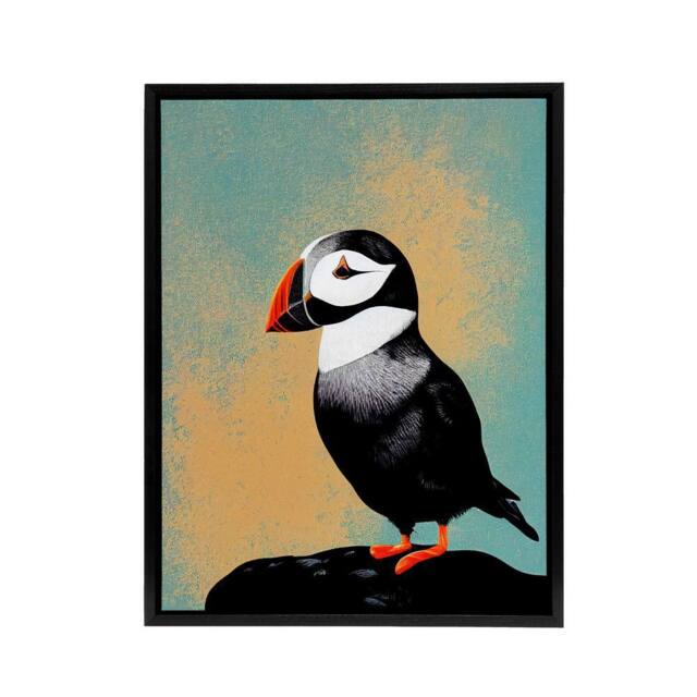 "Artery8 Cute Puffin Bird On Rock Framed Canvas Wall Art Print - Size: W12"" x H16""" - image 1