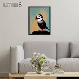 "Artery8 Cute Puffin Bird On Rock Framed Canvas Wall Art Print - Size: W12"" x H16""" - thumbnail 3