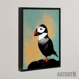 "Artery8 Cute Puffin Bird On Rock Framed Canvas Wall Art Print - Size: W12"" x H16""" - thumbnail 2