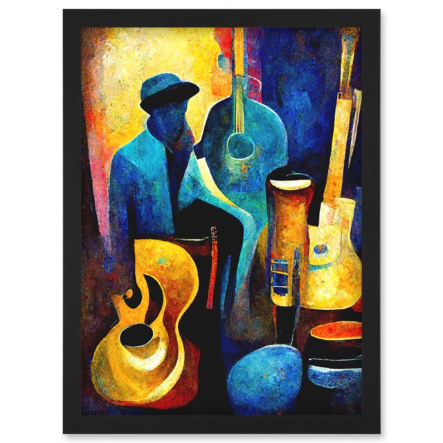 Artery8 Abstract Oil Painting Jazz Blues Musician With Instruments Artwork Framed Wall Art Print A4 in Black - image 1