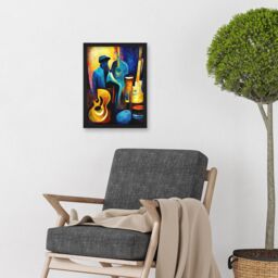 Artery8 Abstract Oil Painting Jazz Blues Musician With Instruments Artwork Framed Wall Art Print A4 in Black - thumbnail 2