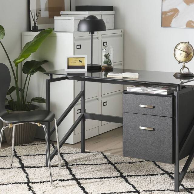 Wyld and Coco Black Tempered Glass Top Desk 117 × 57 cm Metal Frame and Two Drawers - image 1