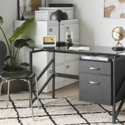 Wyld and Coco Black Tempered Glass Top Desk 117 × 57 cm Metal Frame and Two Drawers