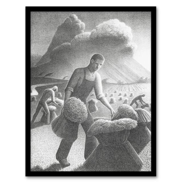 "Artery8 Approaching Storm in Wheat Field Grant Wood Framed Wall Art Print in Grey - Size: W12"" x H16""" - image 1