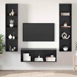 Berkfield Home TV Cabinet Set with Shelf Wall-mounted with Storage 3 pcs Black o - thumbnail 2