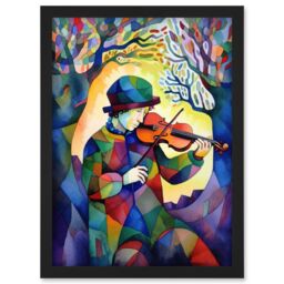 Artery8 Fiddle Player In Forest Folk Art Watercolour Painting Artwork Framed Wall Art Print A4 in Black - thumbnail 1