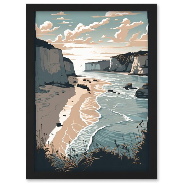Artery8 Bay with Cliffs Pastel Colour Coastal Landscape Artwork Framed Wall Art Print A4 in Black - image 1