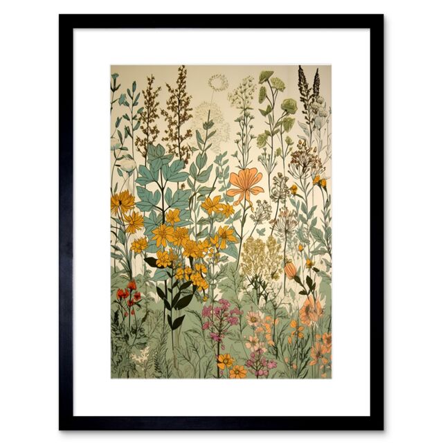 "Artery8 Wall Art Print Wildflower Vintage Botanical Painting Pastel Yellow Green Teal Pink Spring Field Artwork Framed 9X7 Inch - Size: W7"" x H9""" - image 1