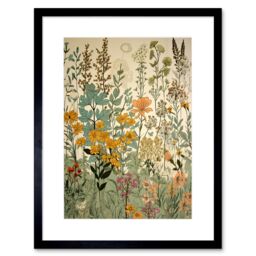 "Artery8 Wall Art Print Wildflower Vintage Botanical Painting Pastel Yellow Green Teal Pink Spring Field Artwork Framed 9X7 Inch - Size: W7"" x H9""" - thumbnail 1