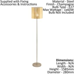 Loops Floor Lamp Light Champagne Base Slim Stem Shade Gold Fabric Bulb E27 1x60W - thumbnail 2