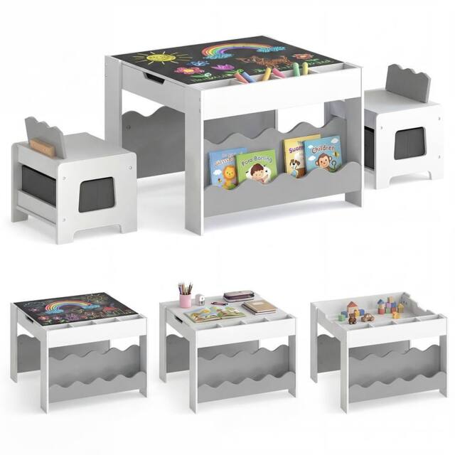 CASART Wooden Kids Table & Chairs Set Activity Table Set w/Chalkboard&Drawers in Grey - image 1