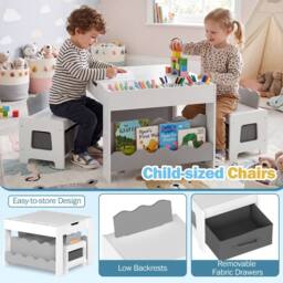 CASART Wooden Kids Table & Chairs Set Activity Table Set w/Chalkboard&Drawers in Grey - thumbnail 9