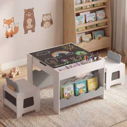 CASART Wooden Kids Table & Chairs Set Activity Table Set w/Chalkboard&Drawers in Grey - thumbnail 3