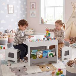 CASART Wooden Kids Table & Chairs Set Activity Table Set w/Chalkboard&Drawers in Grey - thumbnail 5
