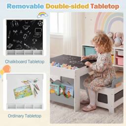 CASART Wooden Kids Table & Chairs Set Activity Table Set w/Chalkboard&Drawers in Grey - thumbnail 7