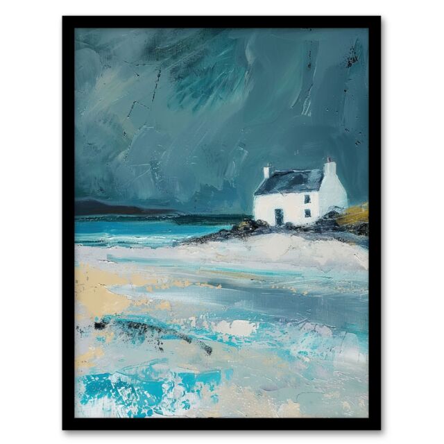 Artery8 White Scottish Cottage Coastal Hills Oil Painting Framed Art Print in Grey - Size: A4 - image 1
